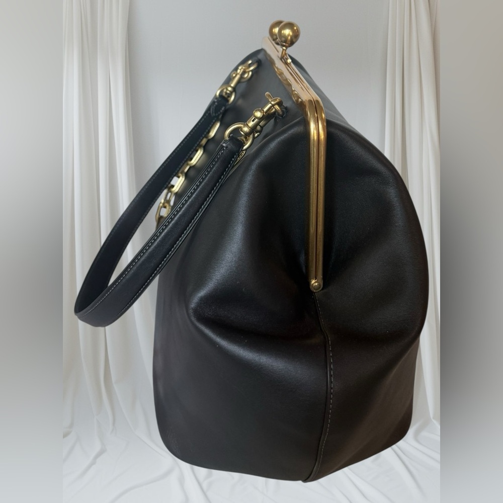 Coach Large Leather Kisslock Frame Bag Purse Black NEW Oversized Clutch - Picture 5 of 16